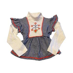 Vintage Carters 5T toddler top Scandinavian embroidery rick-rack ruffle tie back